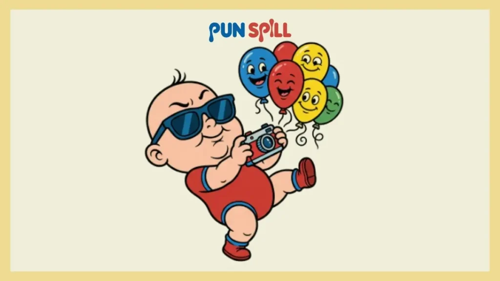 Baby shower puns illustration of a baby taking an exaggerated social media-style photo