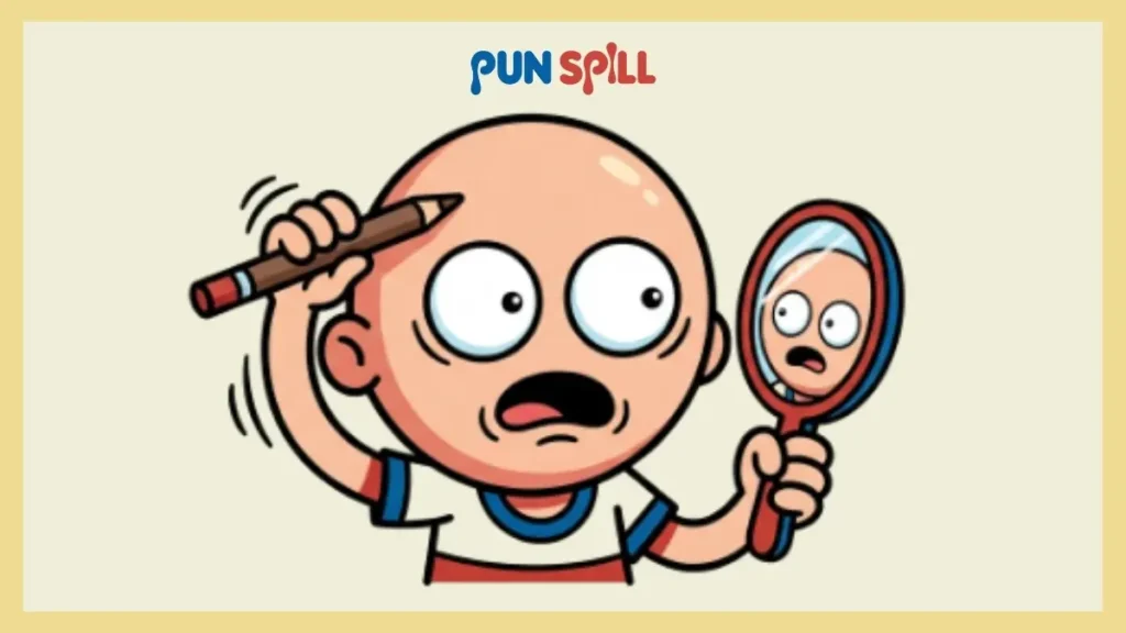 Shocked bare-faced character with no eyebrows holding an eyebrow pencil, illustrating overplucked eyebrow jokes