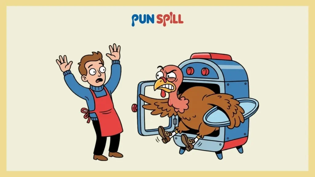 Clean Candice joke illustration with a panicked Thanksgiving turkey trying to squeeze into an absurdly tiny oven