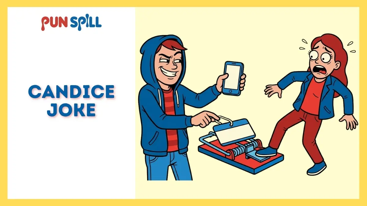 Candice joke illustration showing a smug prankster trapping a confused friend in an absurd bait-and-switch setup