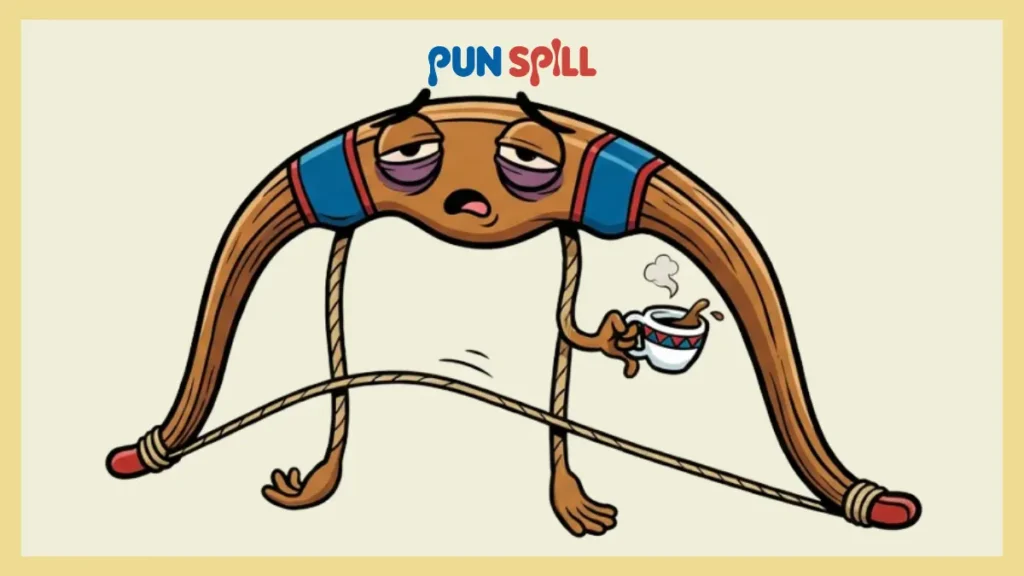 An exhausted cartoon bow drinking coffee representing high strung archery jokes.
