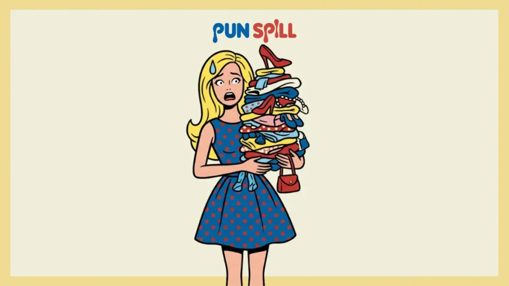 Illustrated Barbie doll character overwhelmed by too many fabulous outfit choices, representing a big collection of barbie puns
