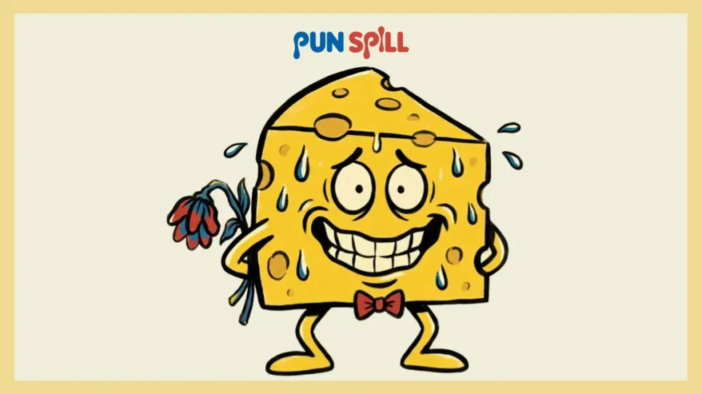 Anthropomorphic wedge of cheese wearing a bow tie and sweating nervously while holding a corsage, illustrating cheesy prom puns.