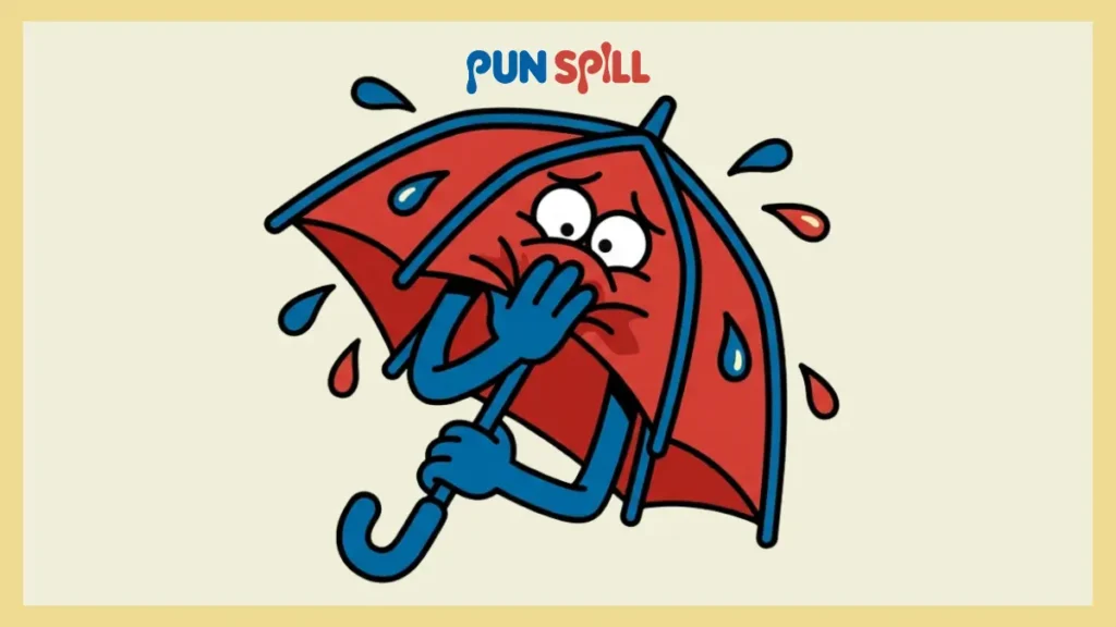 A deeply embarrassed anthropomorphic umbrella covering its face in shame over terrible umbrella puns.