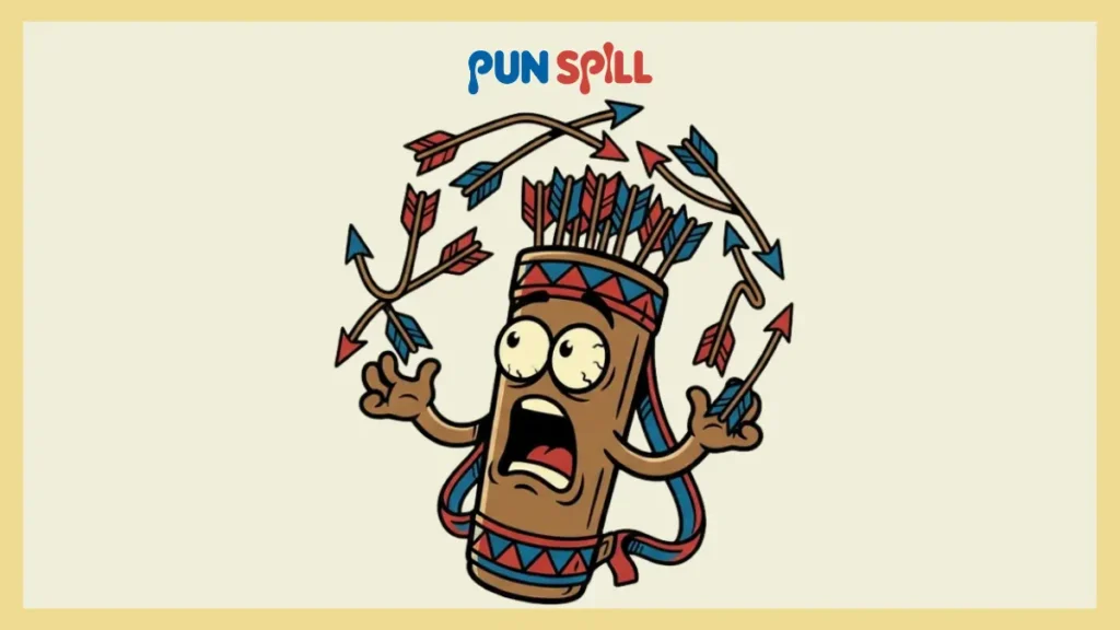 A frazzled cartoon quiver trying to juggle dropping arrows for a post about bow puns.
