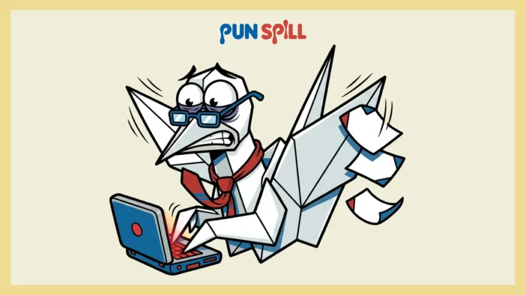 Funny origami puns illustration of a smug paper crane making an embarrassing dad joke