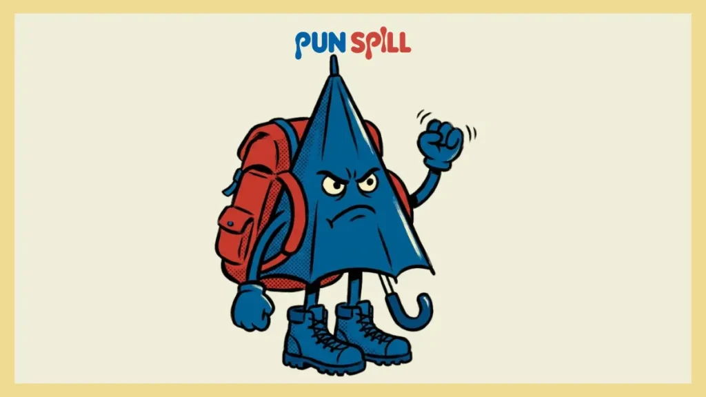 An angry umbrella wearing hiking boots and a backpack, shaking its fist at the sky.