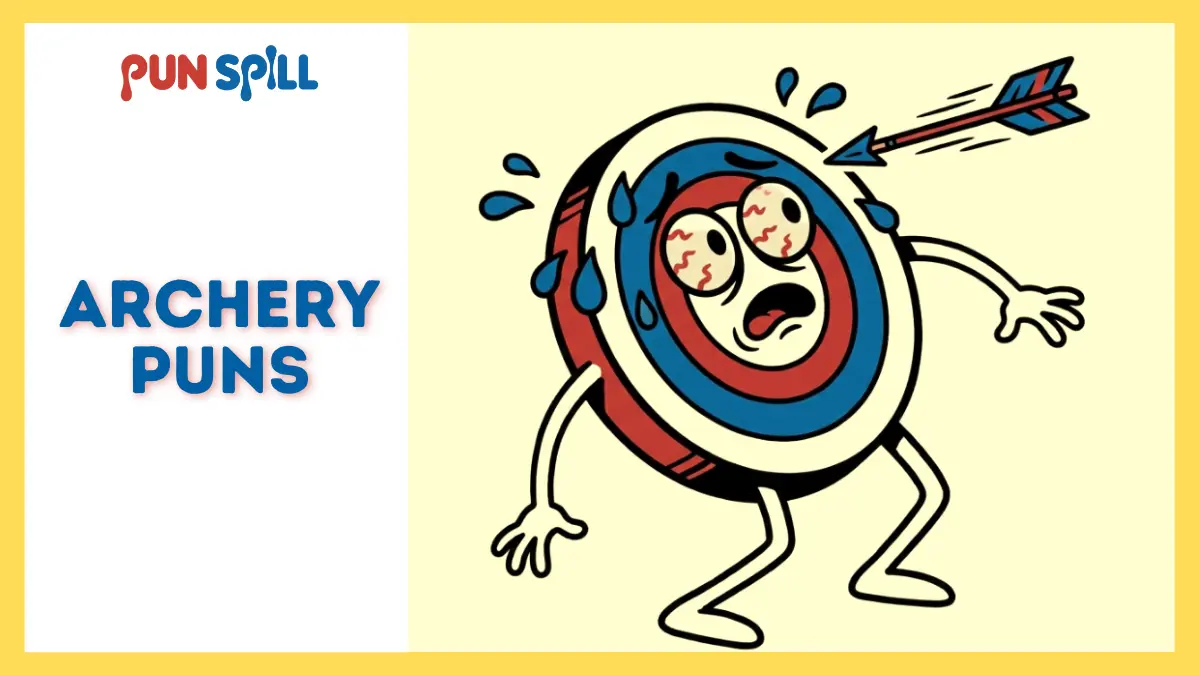 A sweating, panicked cartoon archery target trying to dodge an arrow to illustrate funny archery puns.