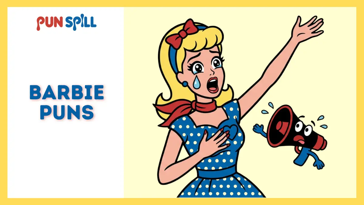 Illustrated Barbie character mid dramatic monologue pose with exaggerated emotion, inspired by barbie movie puns for superfans
