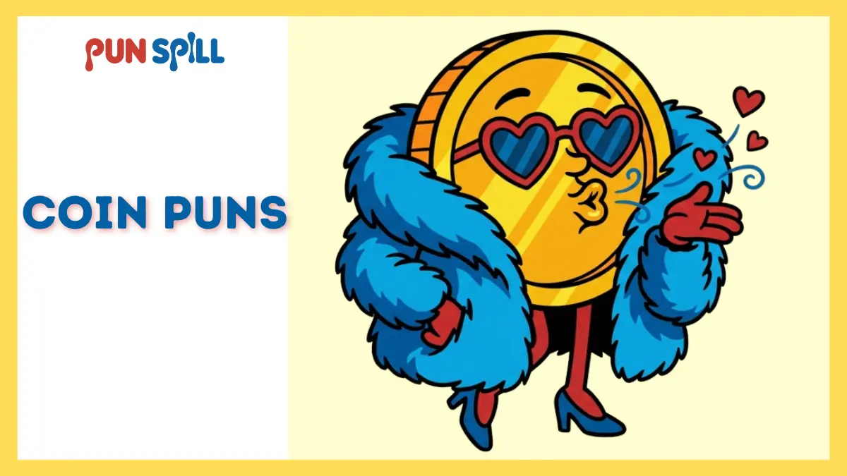 A smug gold coin character wearing a fur coat and sunglasses, representing flashy gold coin puns and thrift store finds.