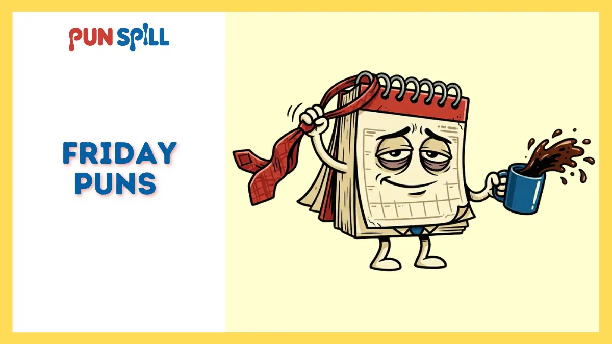 Anthropomorphic desk calendar looking exhausted but relieved for the weekend, representing Friday puns.