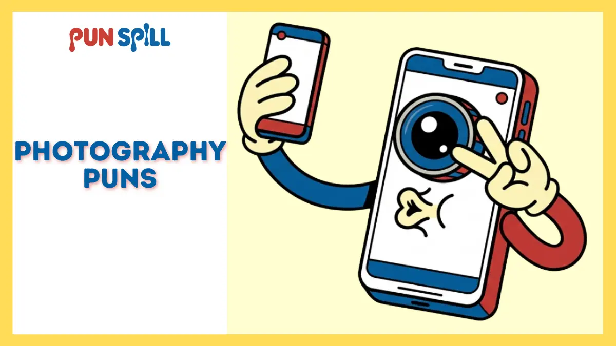 A smug smartphone character taking a dramatic selfie for a photography pun caption.