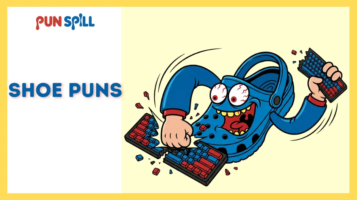 An unhinged cartoon Croc shoe smashing a keyboard, representing bizarre shoe puns for Reddit arguments.