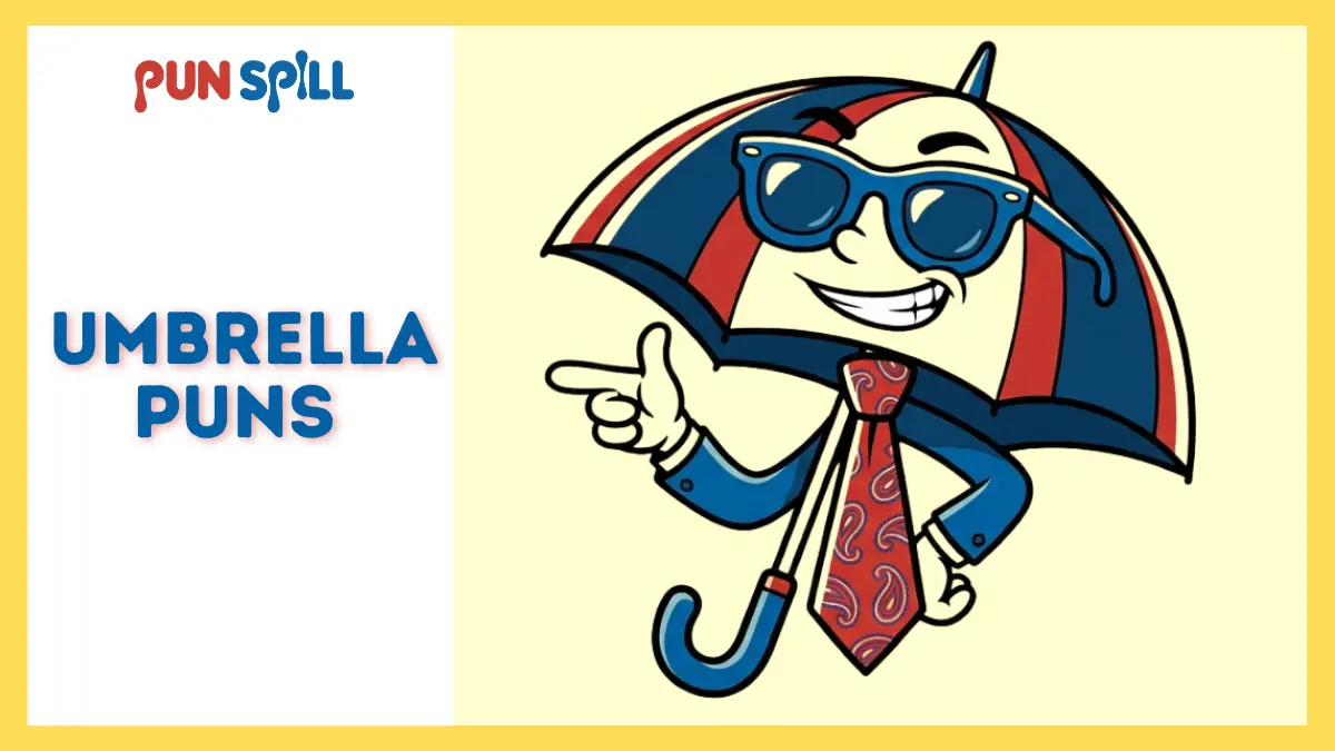 A smug umbrella dressed like a sleazy salesman aggressively shooting finger guns.