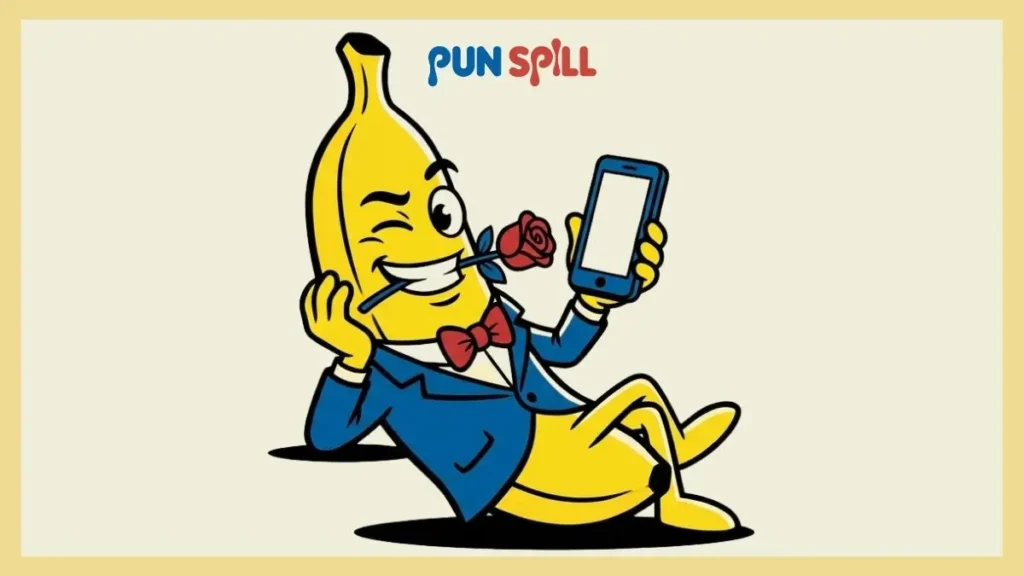 A flirty cartoon banana holding a smartphone and a rose for romantic banana puns.