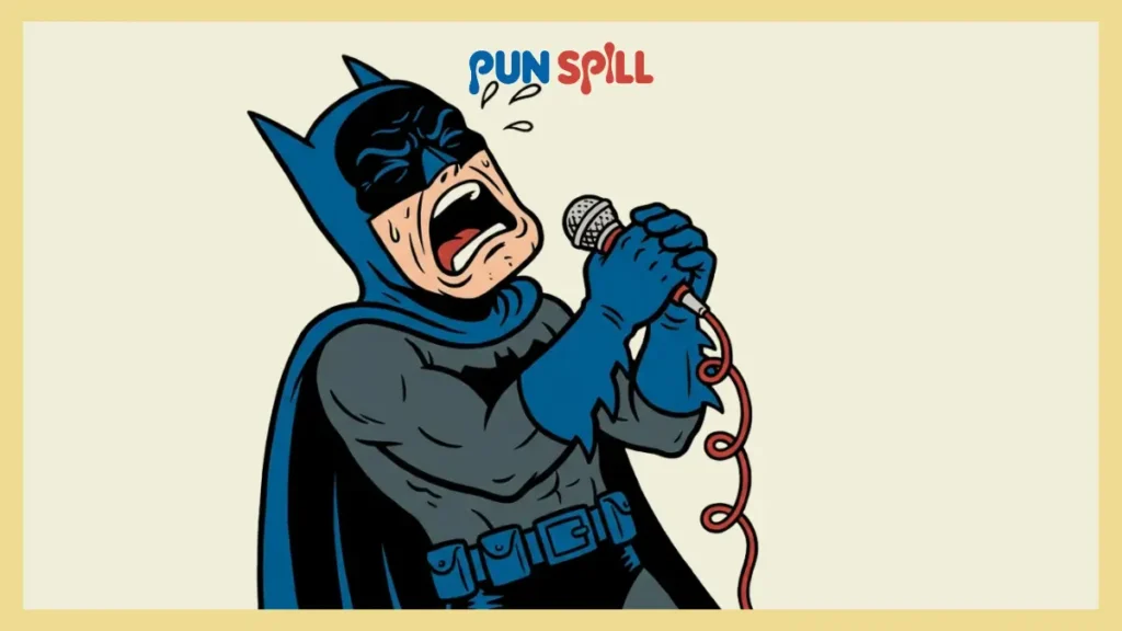 A dramatic superhero character howling like a wolf in a funny pop-art style representing Batman puns.