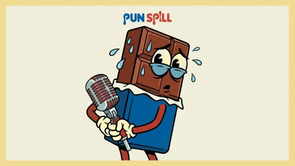 An anthropomorphic chocolate bar looking guilty and sweating while hiding a microphone representing candy puns.