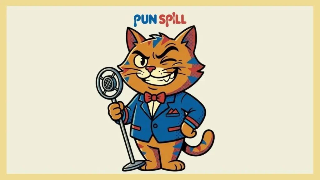 A smug cartoon cat wearing a bow tie and holding a microphone while telling terrible cat puns.