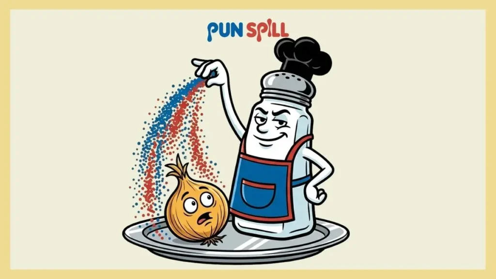A smug salt shaker serving a confused onion on a platter for chef puns and culinary jokes.