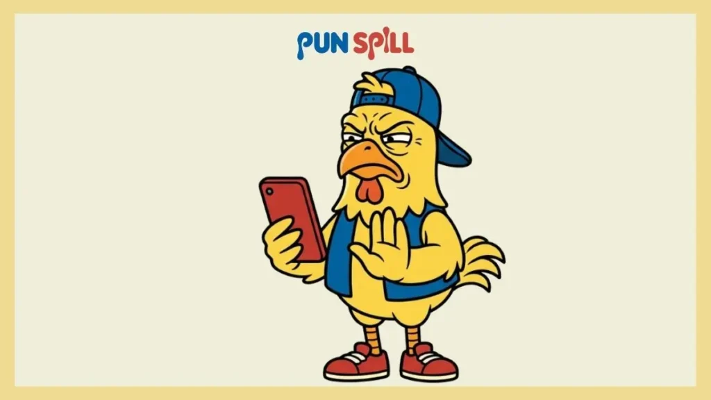 A dismissive cartoon chicken holding a blank smartphone, illustrating short fowl responses for texting.