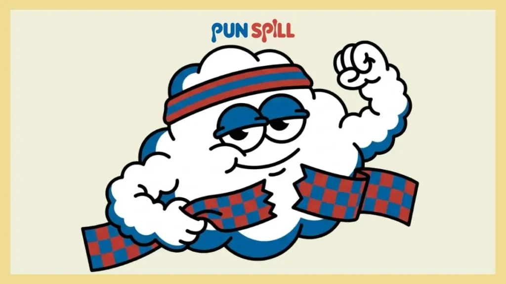 : A smug cartoon cloud wearing a sweatband and crossing a finish line to represent quick cloud pun one-liners.