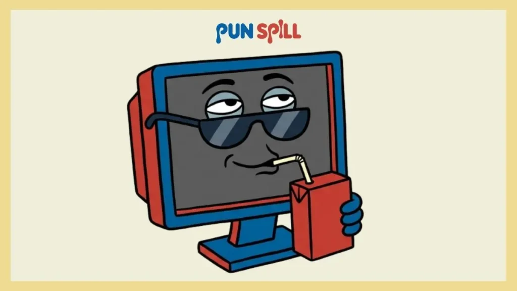 A cynical computer character wearing dark sunglasses and sipping a juice box to represent sarcastic computer jokes.