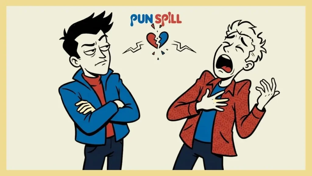 Two characters illustrating a relationship crash out moment with exaggerated dramatic reactions