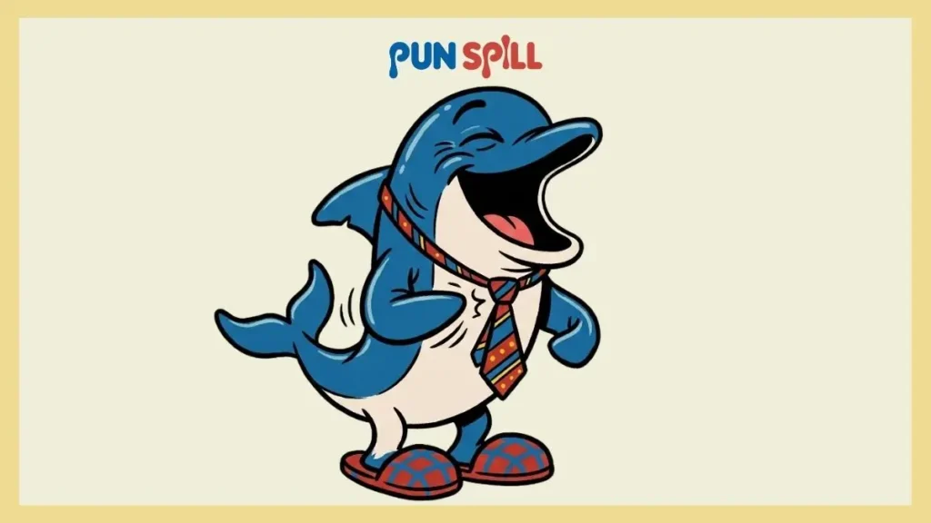 A cartoon dad dolphin laughing hysterically at its own bad joke while wearing slippers.