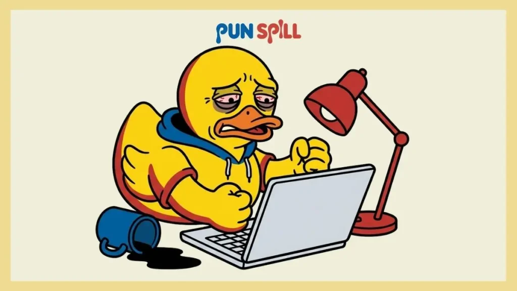 An exhausted rubber duck typing on a blank laptop computer to represent rubber duck debugging.