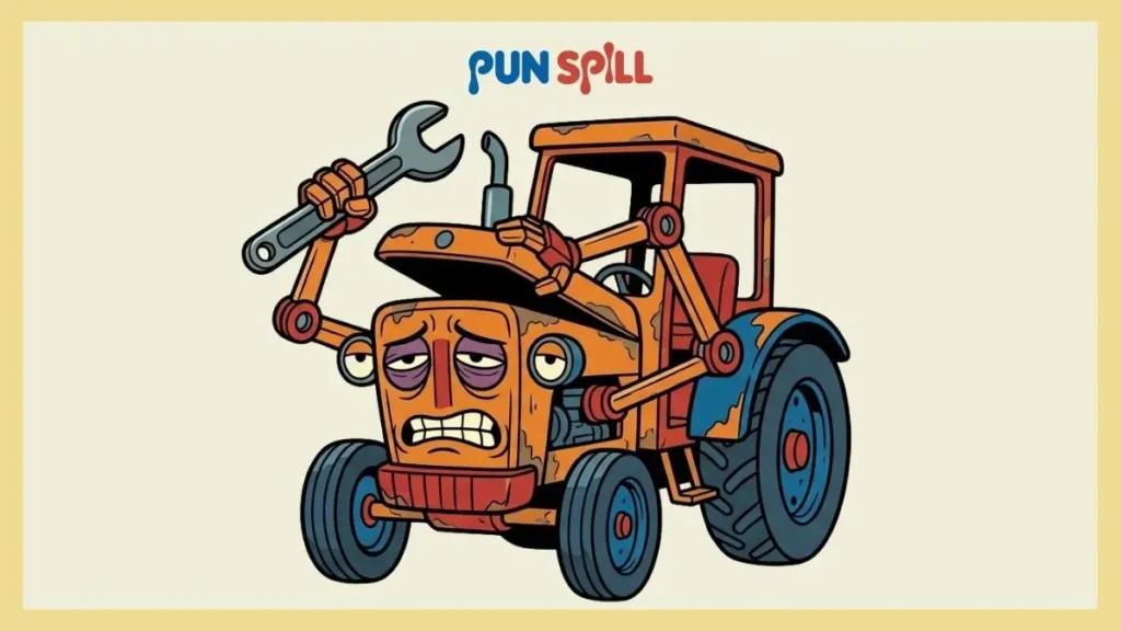 A stressed cartoon tractor with heavy eye bags aggressively slamming its own hood shut in frustration.
