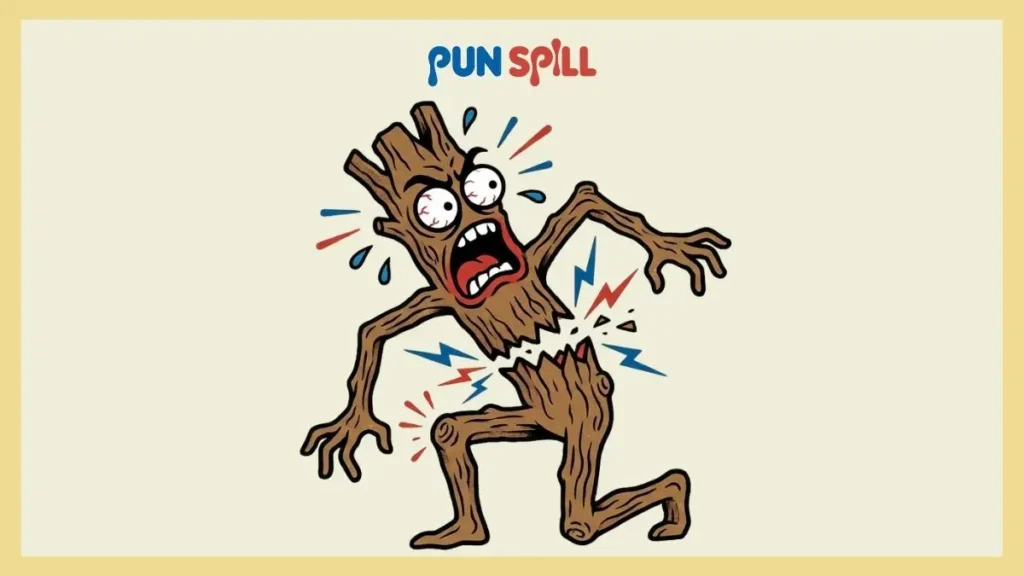 A frantic twig snapping itself in half in frustration representing snappy forest puns.