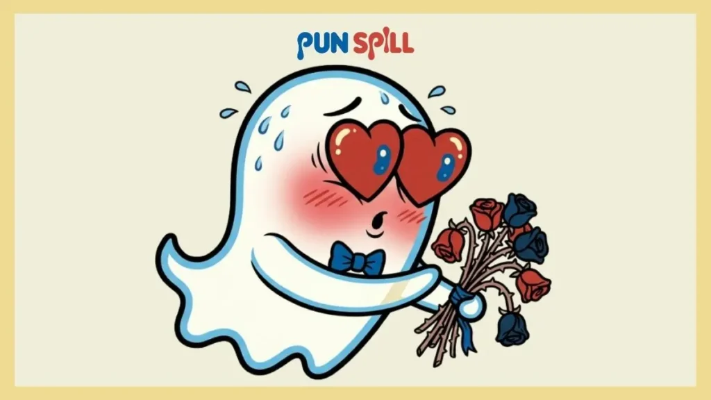 A blushing cartoon ghost awkwardly offering a bouquet of flowers, representing cute and flirty ghost puns.