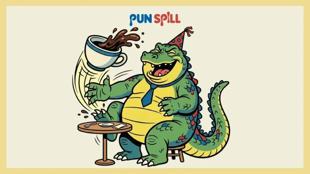 A giant reptilian monster laughing aggressively at a tiny cafe table in a funny illustration for Godzilla puns.