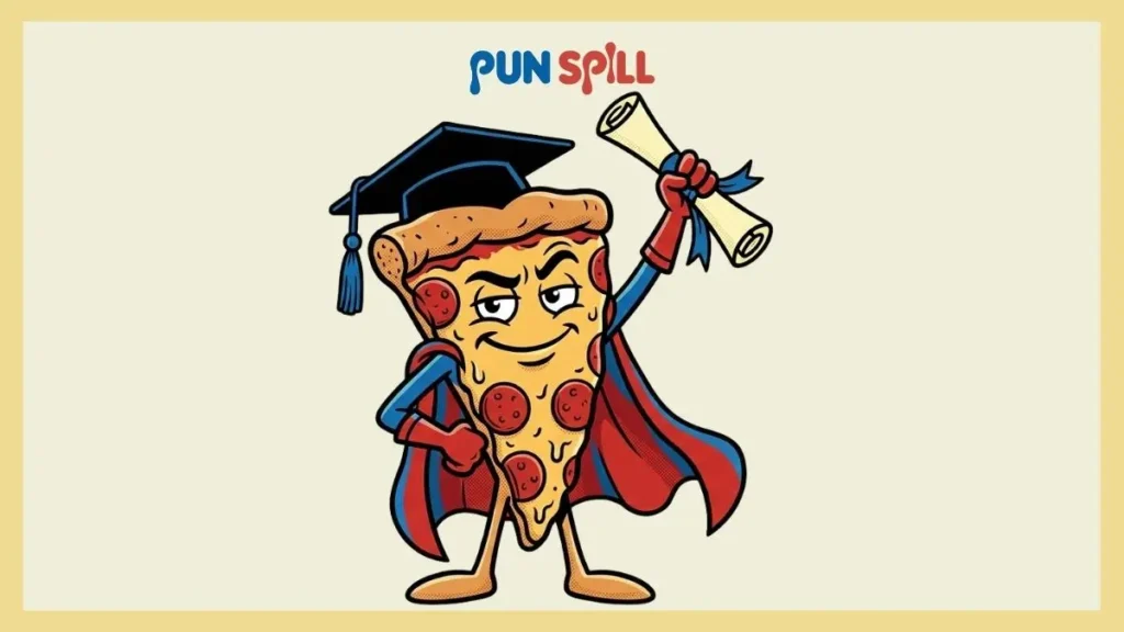 A smug slice of pizza wearing a graduation cap and holding a diploma, representing food-themed graduation puns.