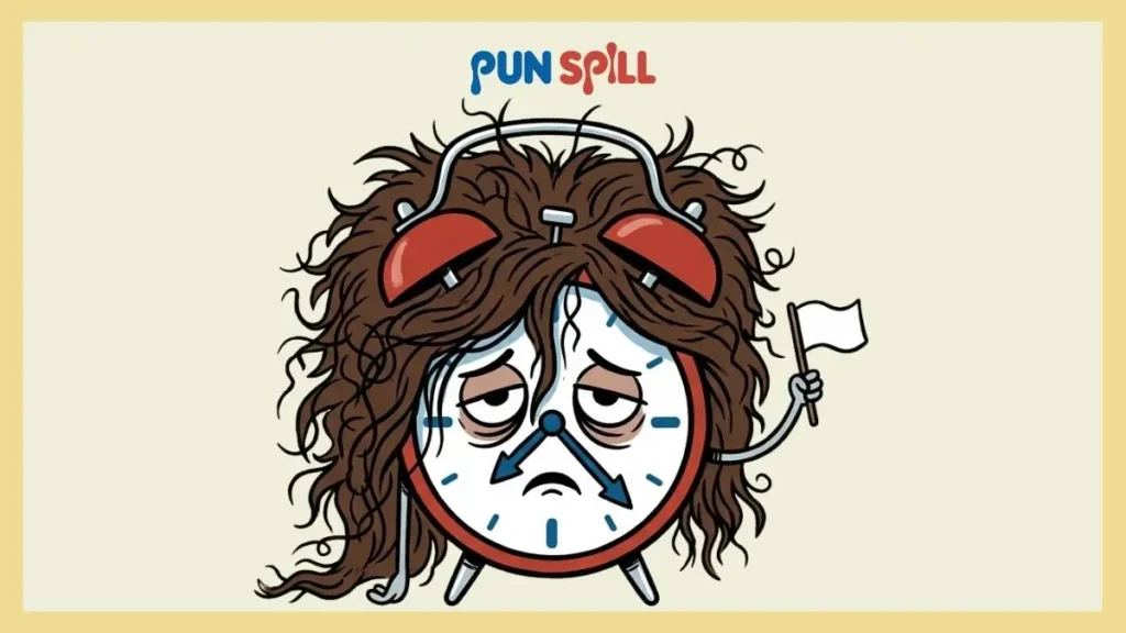 A depressed alarm clock wearing a messy frizzy wig waving a white flag of surrender to a bad hair day.