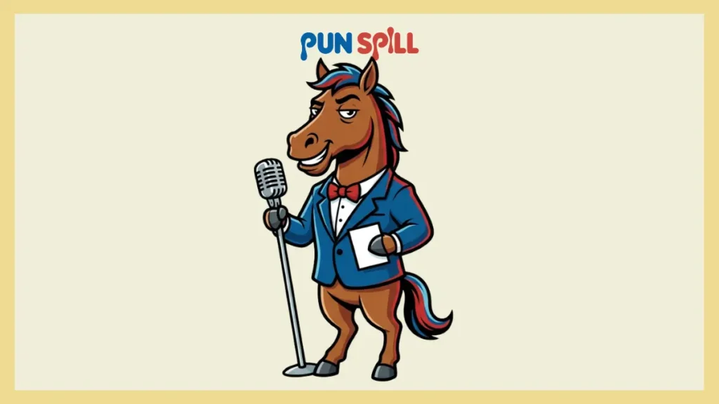 A smug horse wearing a red bowtie and blue jacket performing stand-up comedy at a microphone.