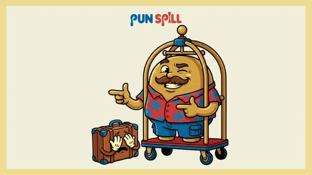 A goofy anthropomorphic hotel luggage cart telling a dad joke to a groaning suitcase.