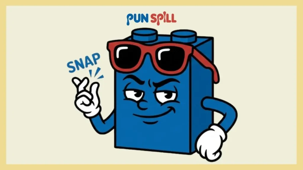 A smug blue plastic brick wearing sunglasses and snapping its fingers to represent short and snappy LEGO puns.