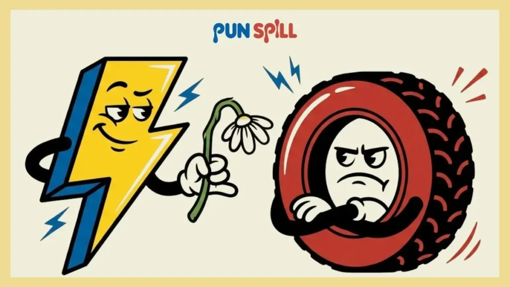 A confident lightning bolt offering a flower to a deeply unamused rubber tire.