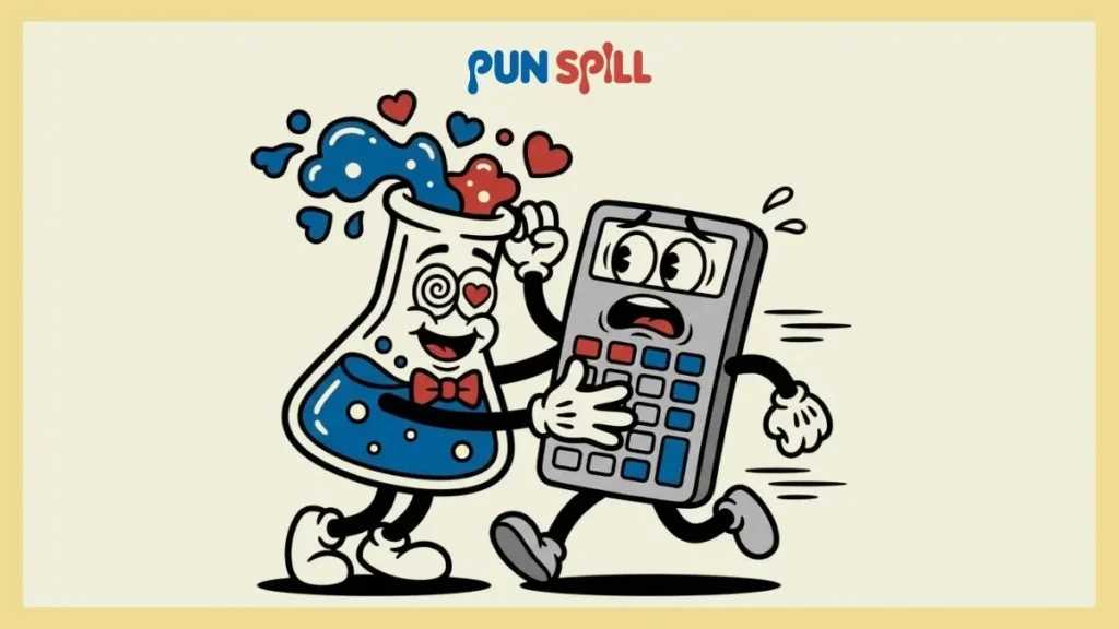 A bubbling chemistry flask with heart-shaped eyes trying to aggressively hug a terrified calculator.