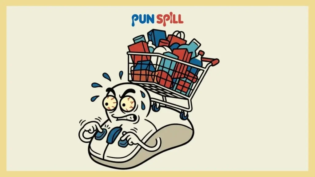 Cyber Monday pun illustration of an obsessed computer mouse aggressively online shopping.