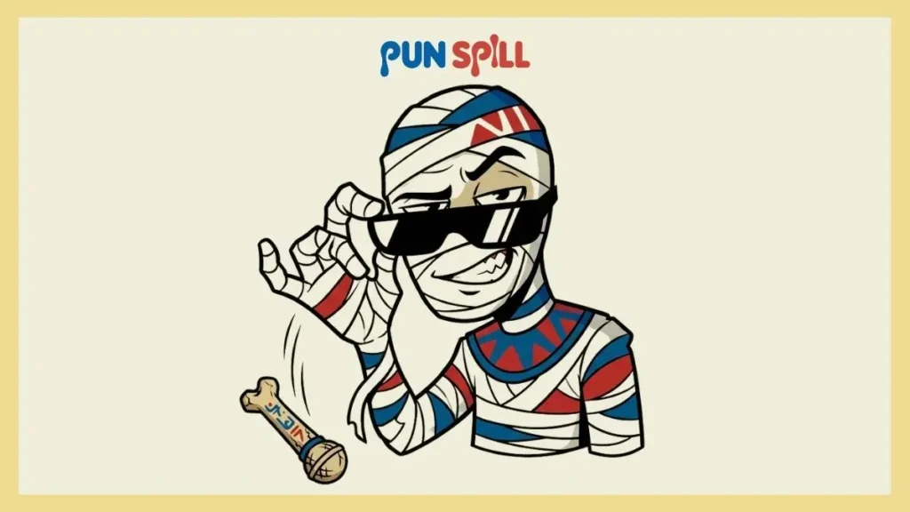 A smug mummy wearing sunglasses dropping a microphone made of bones.