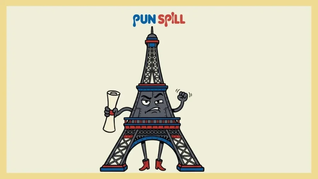 Cartoon Eiffel Tower character holding a rolled up legal document, illustrating Paris puns