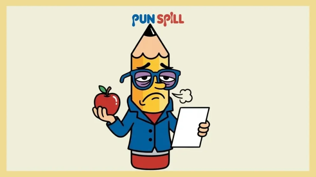 An exhausted teacher pencil holding an apple and sighing to represent pencil puns for teachers.