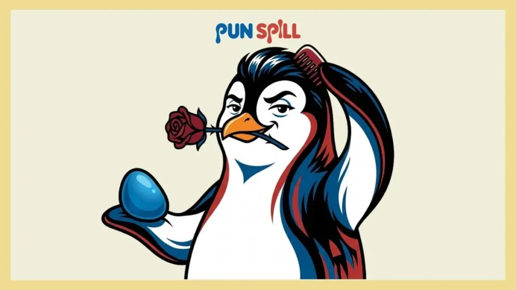 A highly romantic penguin offering a pebble with a flirty expression to deliver romantic penguin puns.
