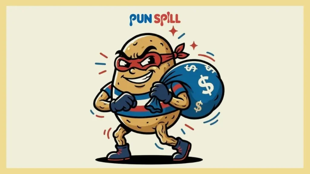 A sneaky cartoon potato dressed as a burglar stealing jokes in a sack.