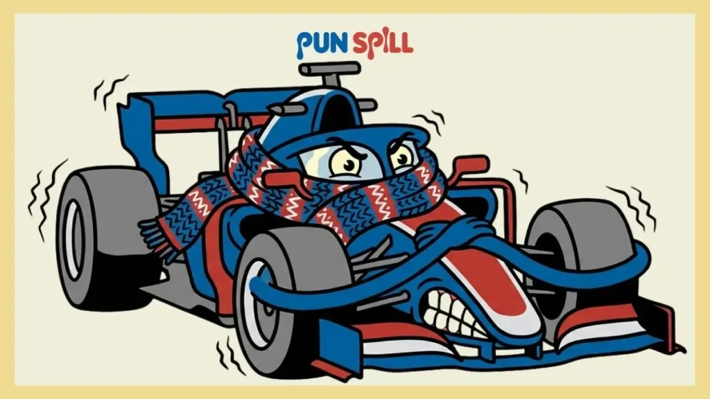 A shivering Formula 1 car wrapped in a winter scarf for racing jokes.