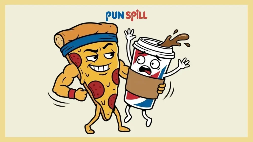 A confident pizza slice attempting to salsa dance with a terrified cup of coffee, representing food and drink rizz jokes.