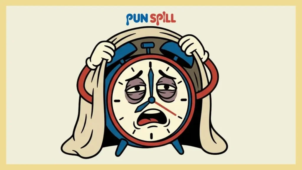 A stylized cartoon of a tired alarm clock pulling a blanket over its head, representing funny sleep puns.