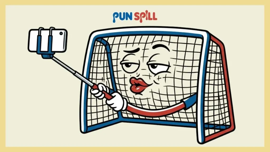 A smug anthropomorphized soccer goal net taking a selfie to represent soccer puns for Instagram captions.